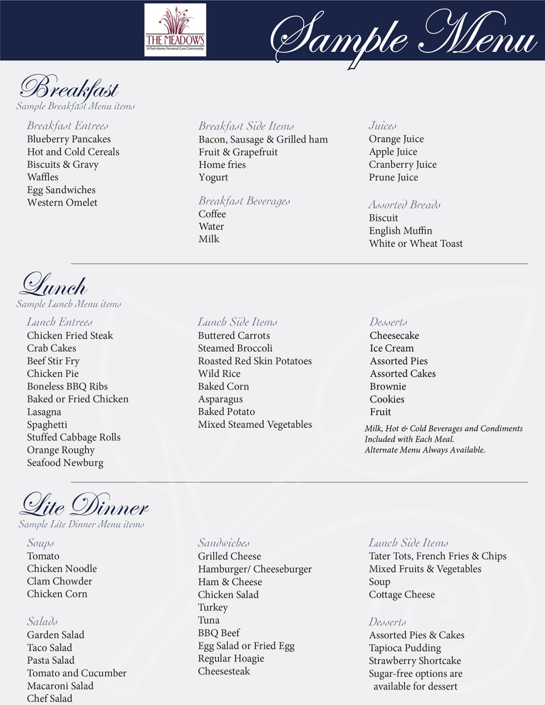 Delicious menu items